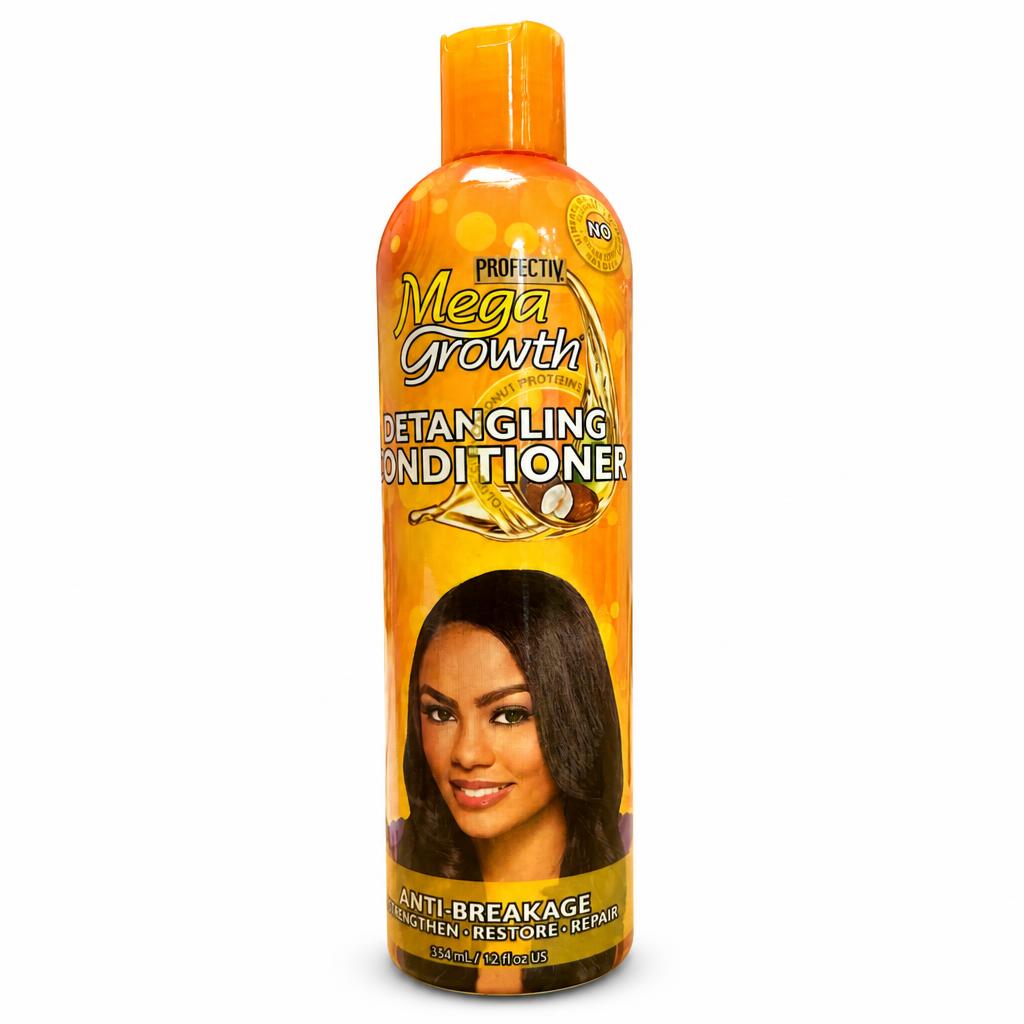 A bottle of Project N Mega Growth Detangling Conditioner with an orange cap and orange label, featuring a model with long black hair on the front, set against a plain white background.
