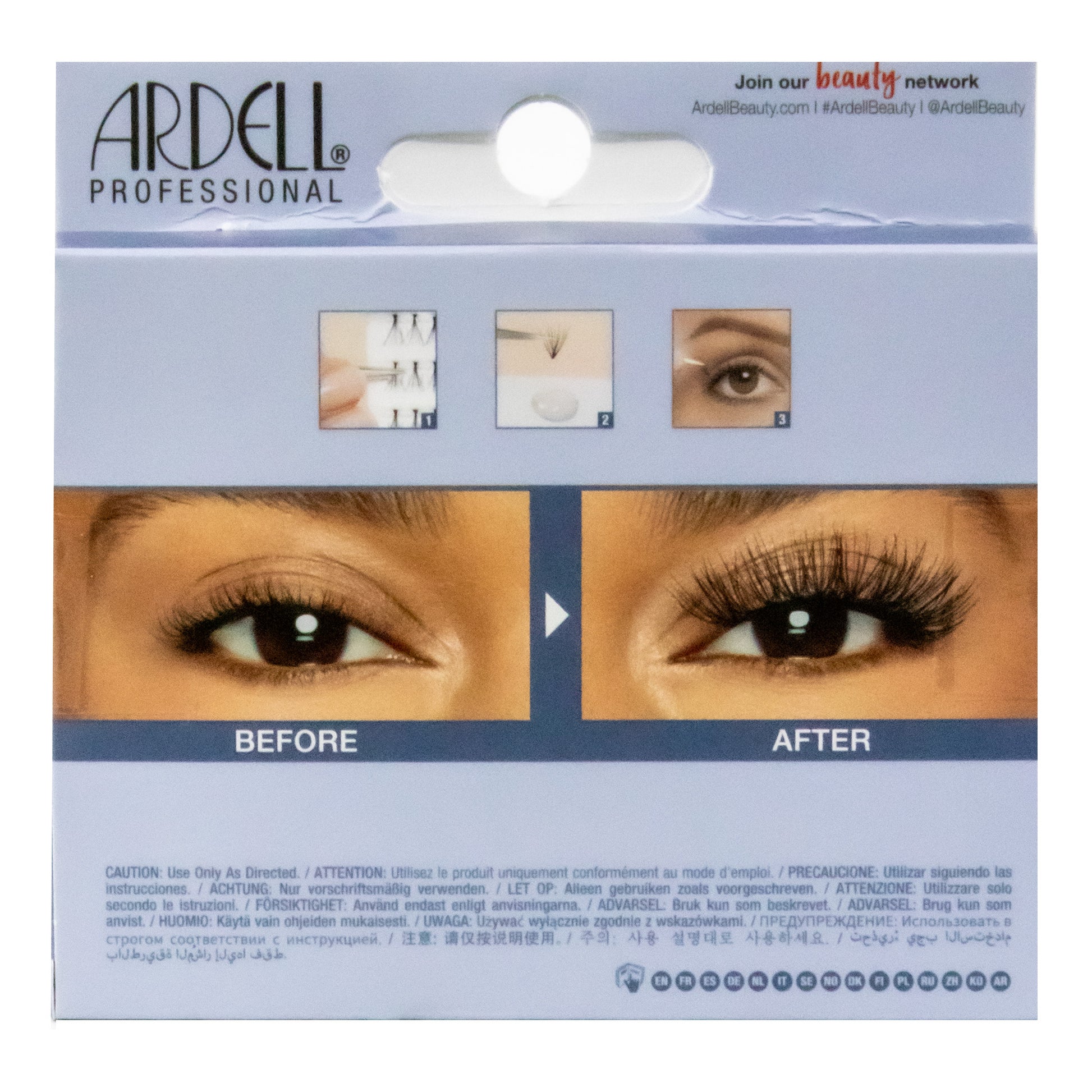 Ardell Professional eyelash packaging with 'Before' and 'After' effect on eyes.