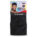 Black dome style skull cap in retail packaging, with a printed header card showing a model wearing it and product text including 'ACTIVE-FIT DOME STYLE SKULL CAP' and 'FOUR - PANEL DOME DESIGN'.