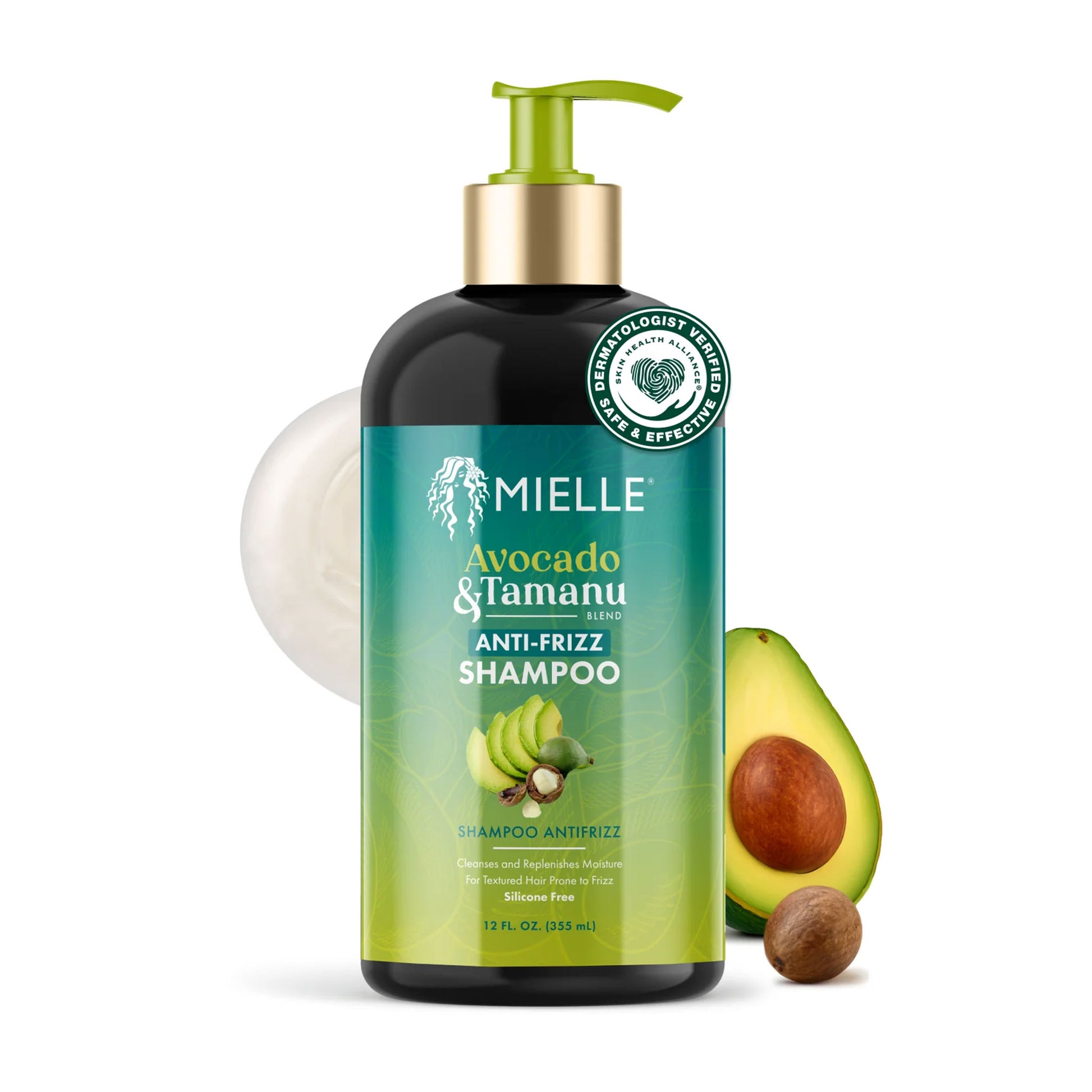 Mielle Avocado & Tamanu Anti-Frizz Shampoo bottle with avocado and Tamanu seed on a white background