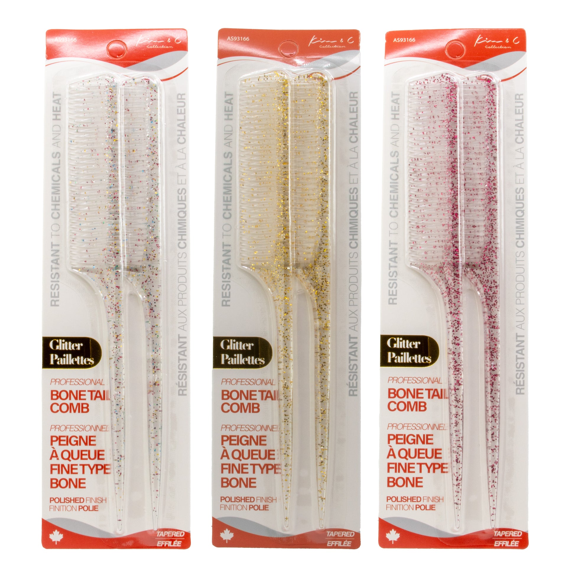 Three packages of Glitter Pallettes bone tail comb with red and white design.