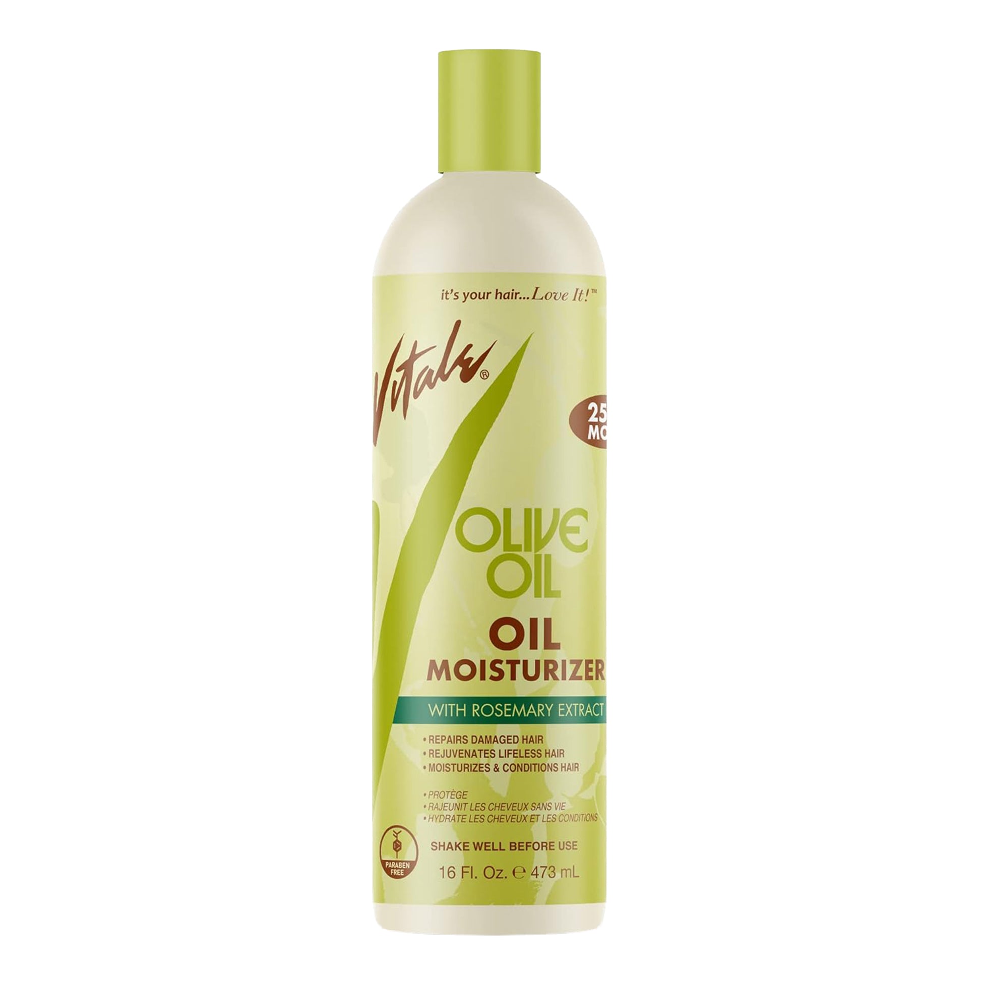 Bottle of olive oil moisturizer with green cap on a white background