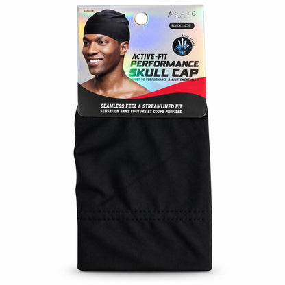 Black performance skull cap in retail packaging with a printed header card showing a model wearing it and product text including 'Active-Fit Performance Skull Cap'.