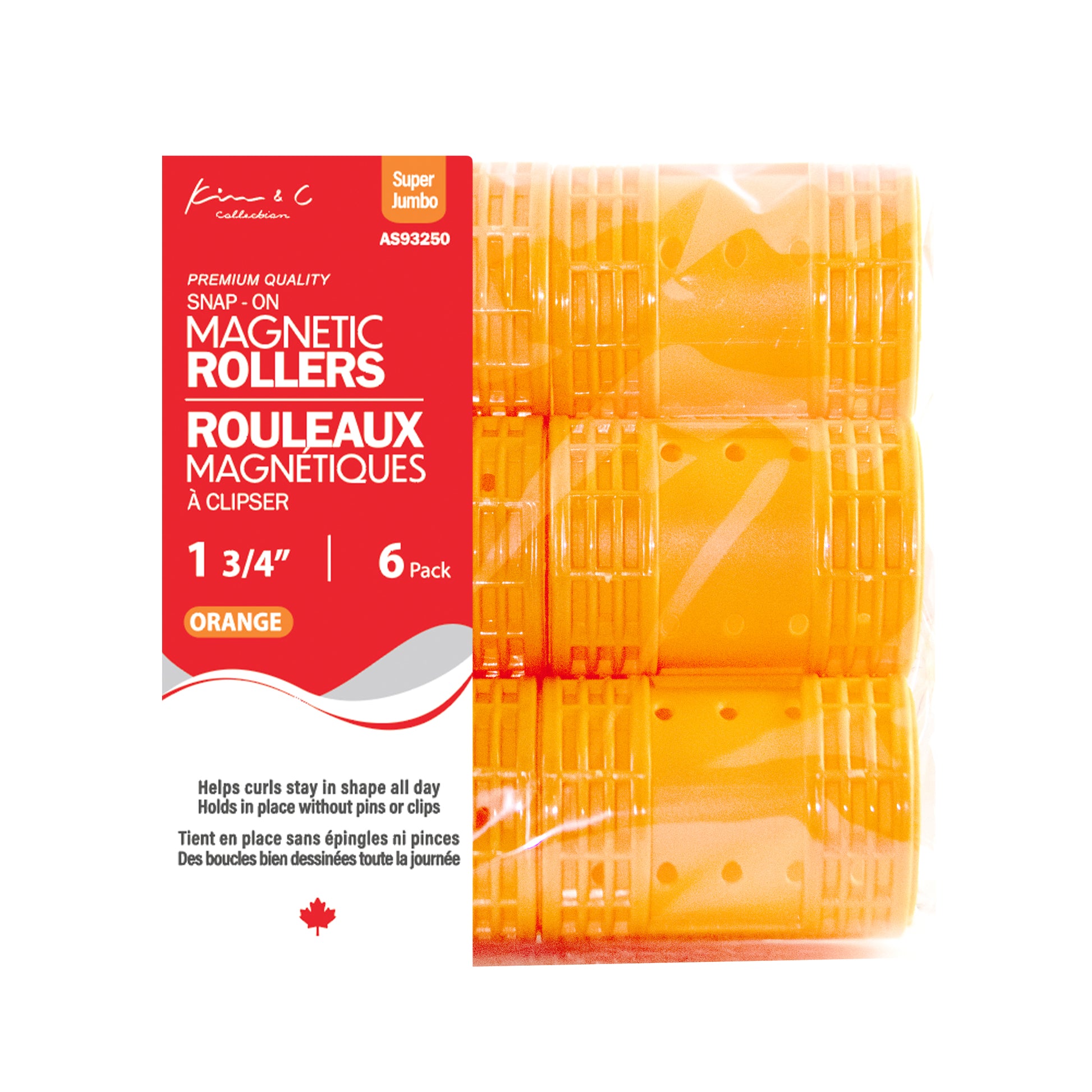 Pack of orange magnetic rollers with red packaging on a white background