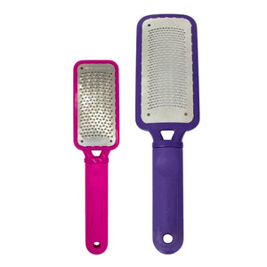 Two handheld graters, one pink and one purple, on a white background.