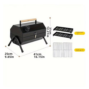 Black portable grill with dimensions and accessories on a white background