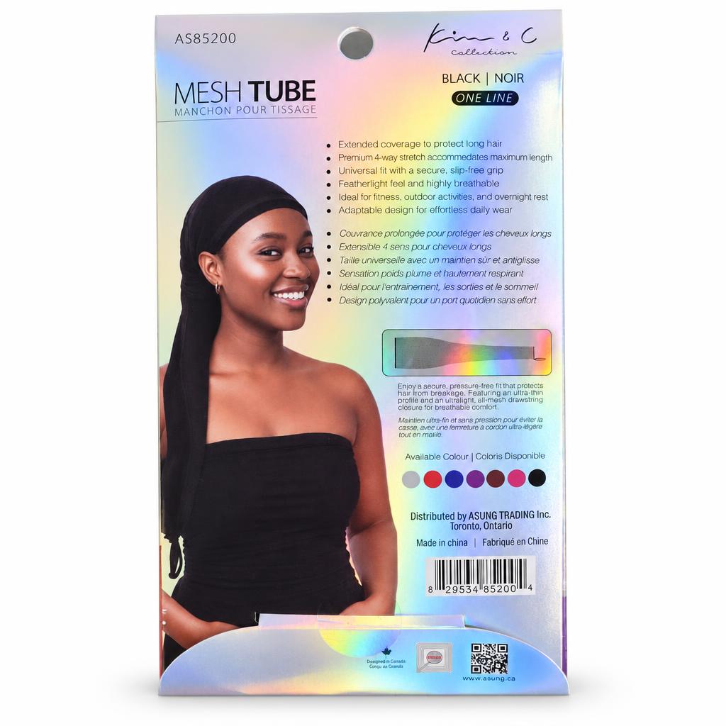Back of the retail packaging for a hair extension product, showing the model wearing the black Mesh Tube hair extension, product features text, color options, and a barcode on a white background.