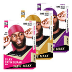 Three packages of Wave Maxx hair products with models wearing different colored durags.