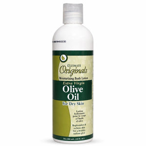 A white plastic bottle of Ultimate Originals Extra Virgin Olive Oil Moisturizing Body Lotion with a green and beige label, set against a plain white background.