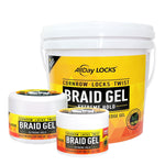 AllDay Locks Braid Gel packaging with a large bucket and two smaller jars on a white background.