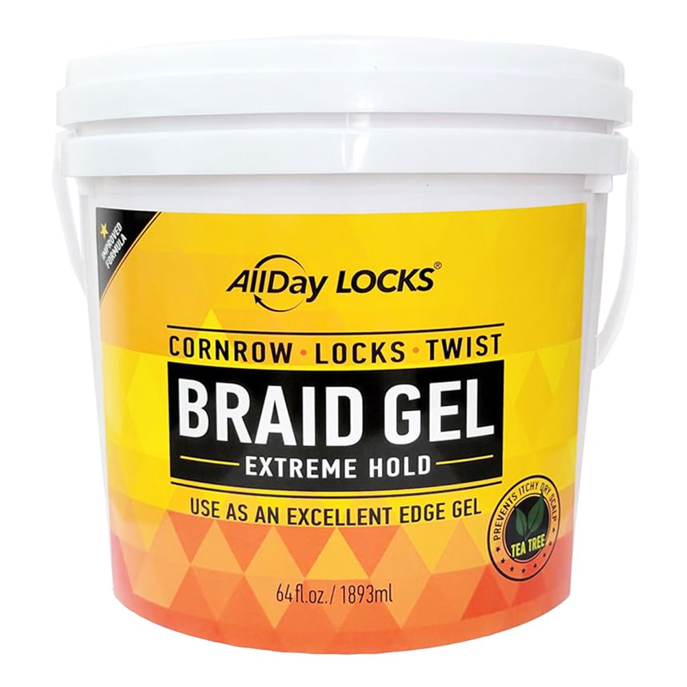 AllDay Locks braid gel container with yellow label on a white background