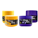 Four containers of Shine 'n Jam hair gel in yellow, orange, purple, and black on a white background.