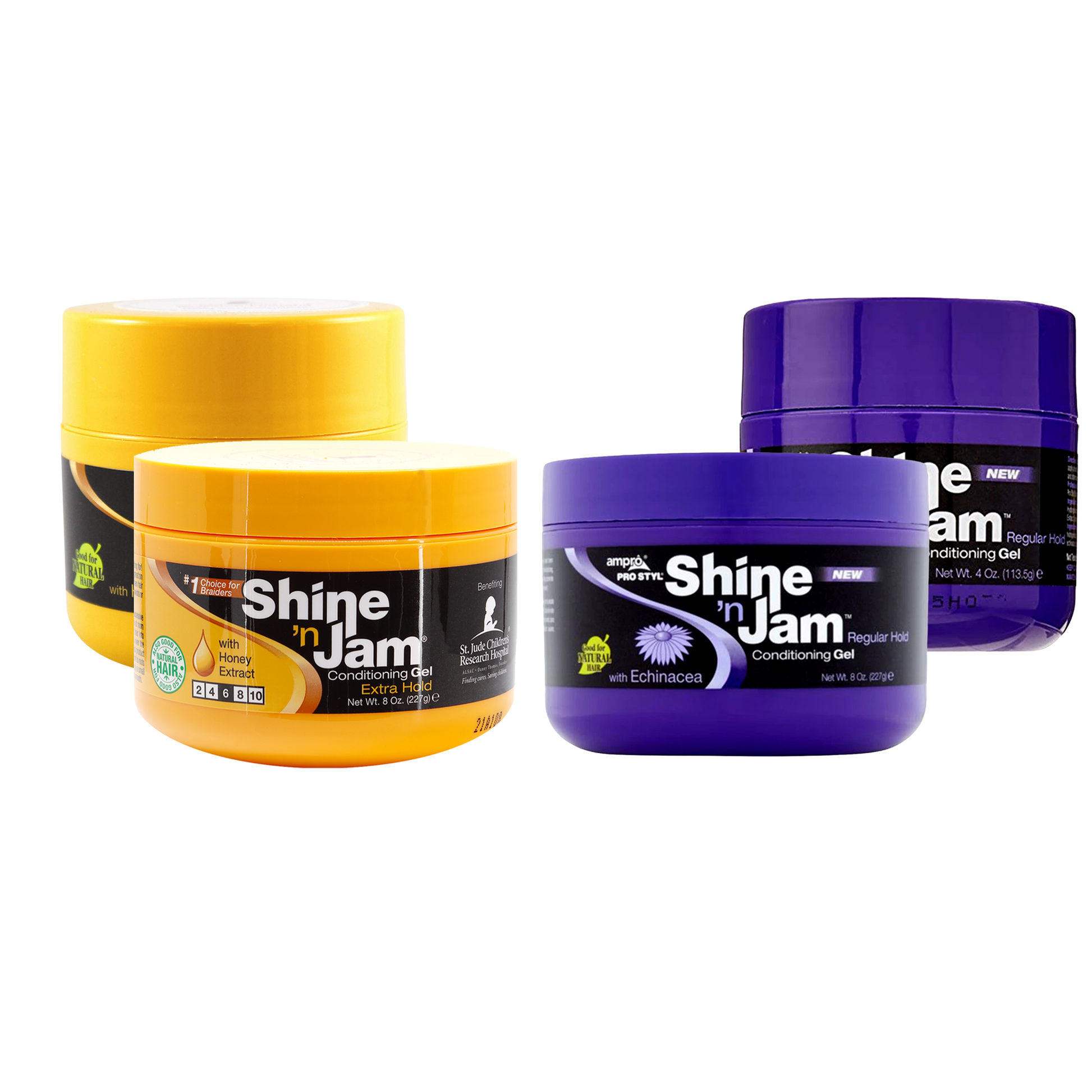 Four containers of Shine 'n Jam hair gel in yellow, orange, purple, and black on a white background.
