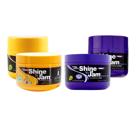 Four containers of Shine 'n Jam hair gel in yellow, orange, purple, and black on a white background.