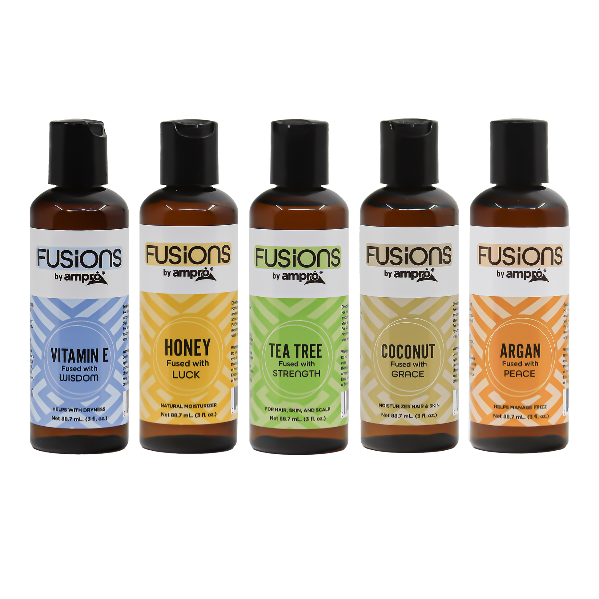 Five bottles of Fusions by ampro hair care products on a white background