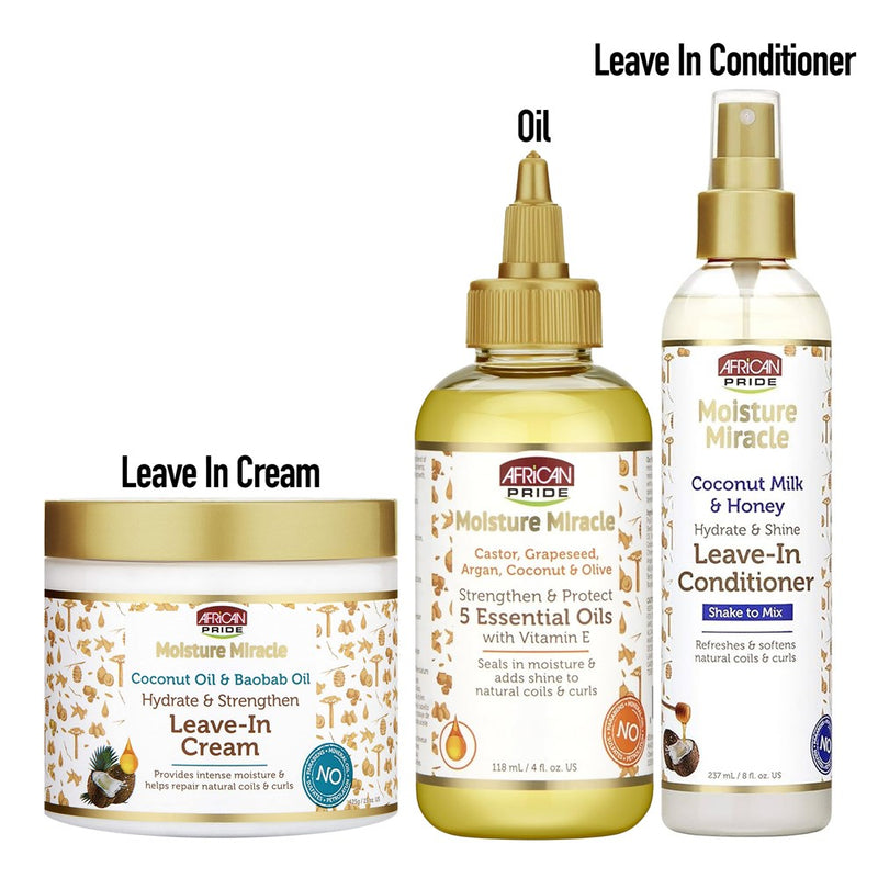 AFRICAN PRIDE Moisture+Care for Coily Hair Bundle (Leave In Conditioner+Leave In Cream+Essential Oil)