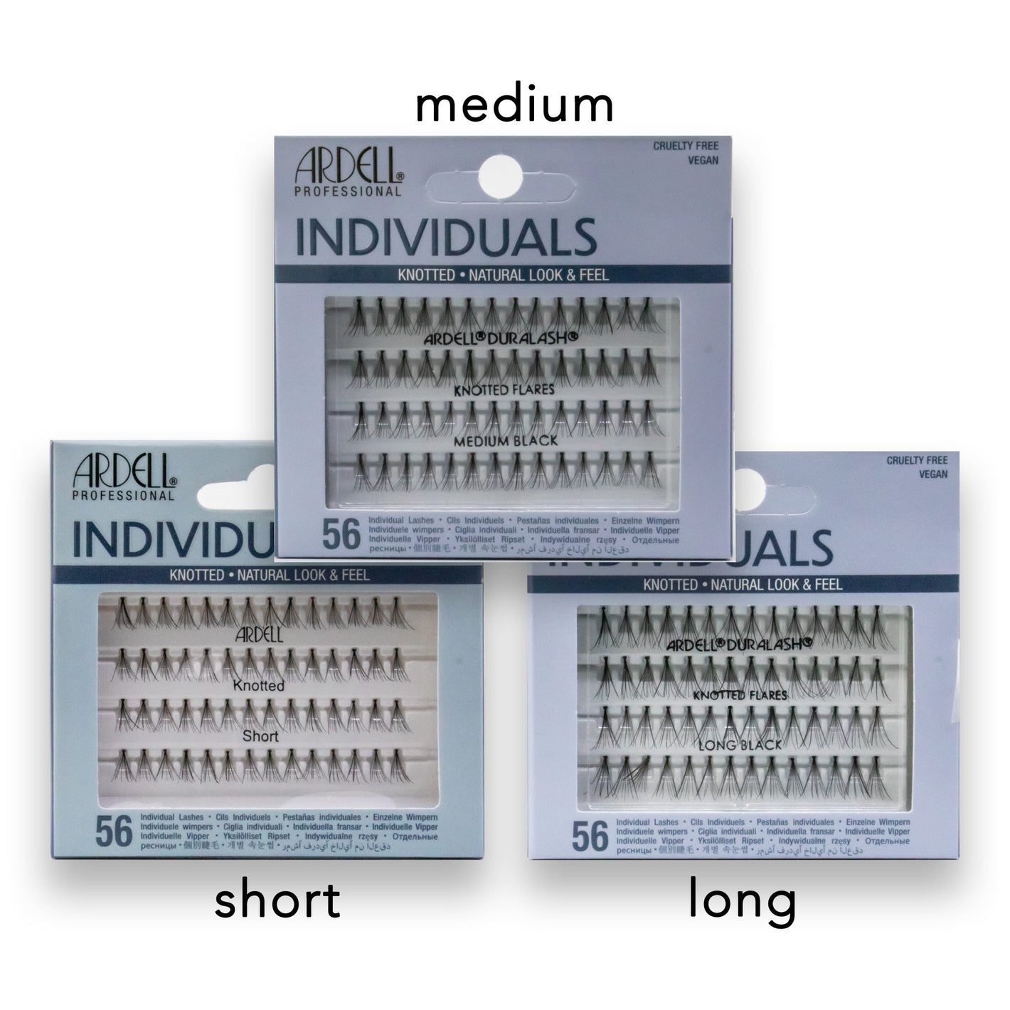 Ardell Individual Eyelashes packaging with 'short', 'medium', and 'long' labels on a white background.