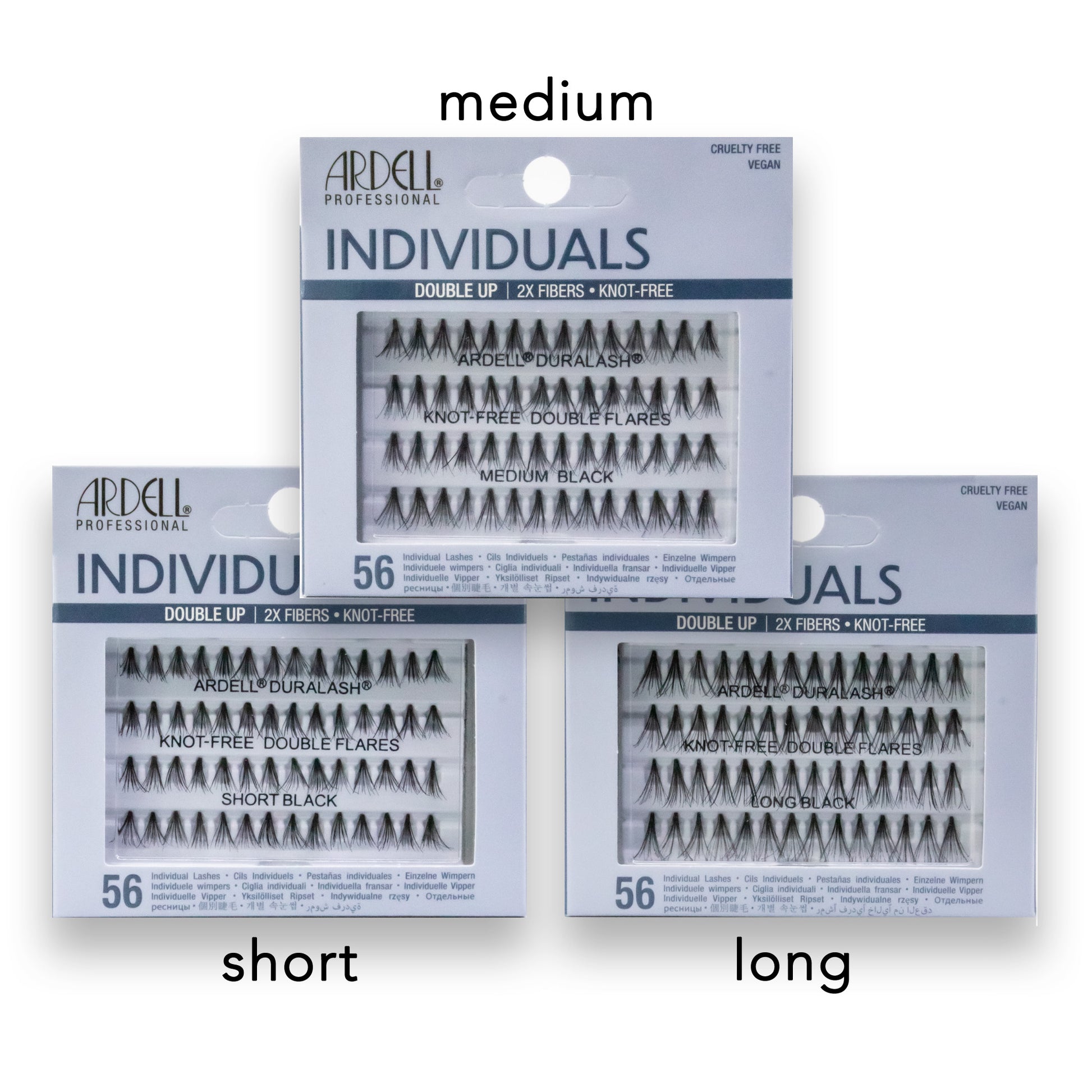 Ardell Individual Lashes packaging with 'short', 'medium', and 'long' labels on a white background