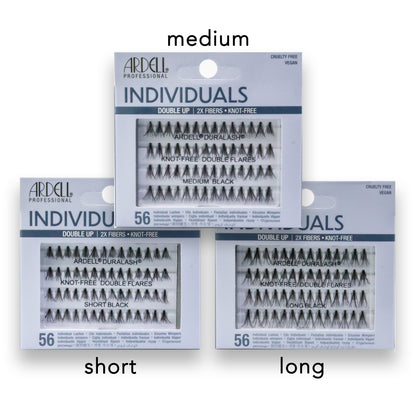 Ardell Individual Lashes packaging with 'short', 'medium', and 'long' labels on a white background
