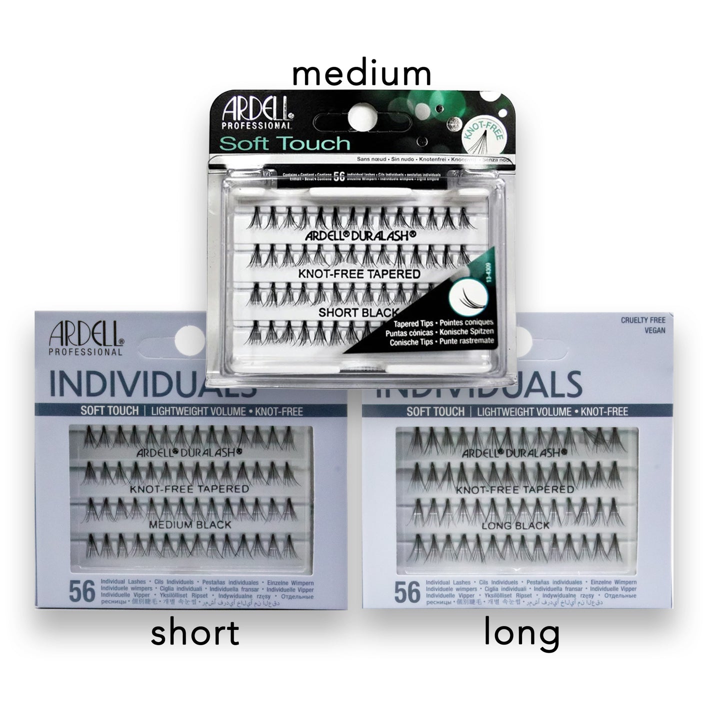 Ardell Individual Soft Touch eyelashes packaging with 'short', 'medium', and 'long' labels on a white background.