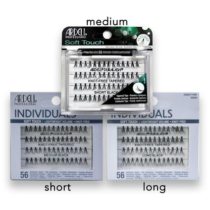 Ardell Individual Soft Touch eyelashes packaging with 'short', 'medium', and 'long' labels on a white background.