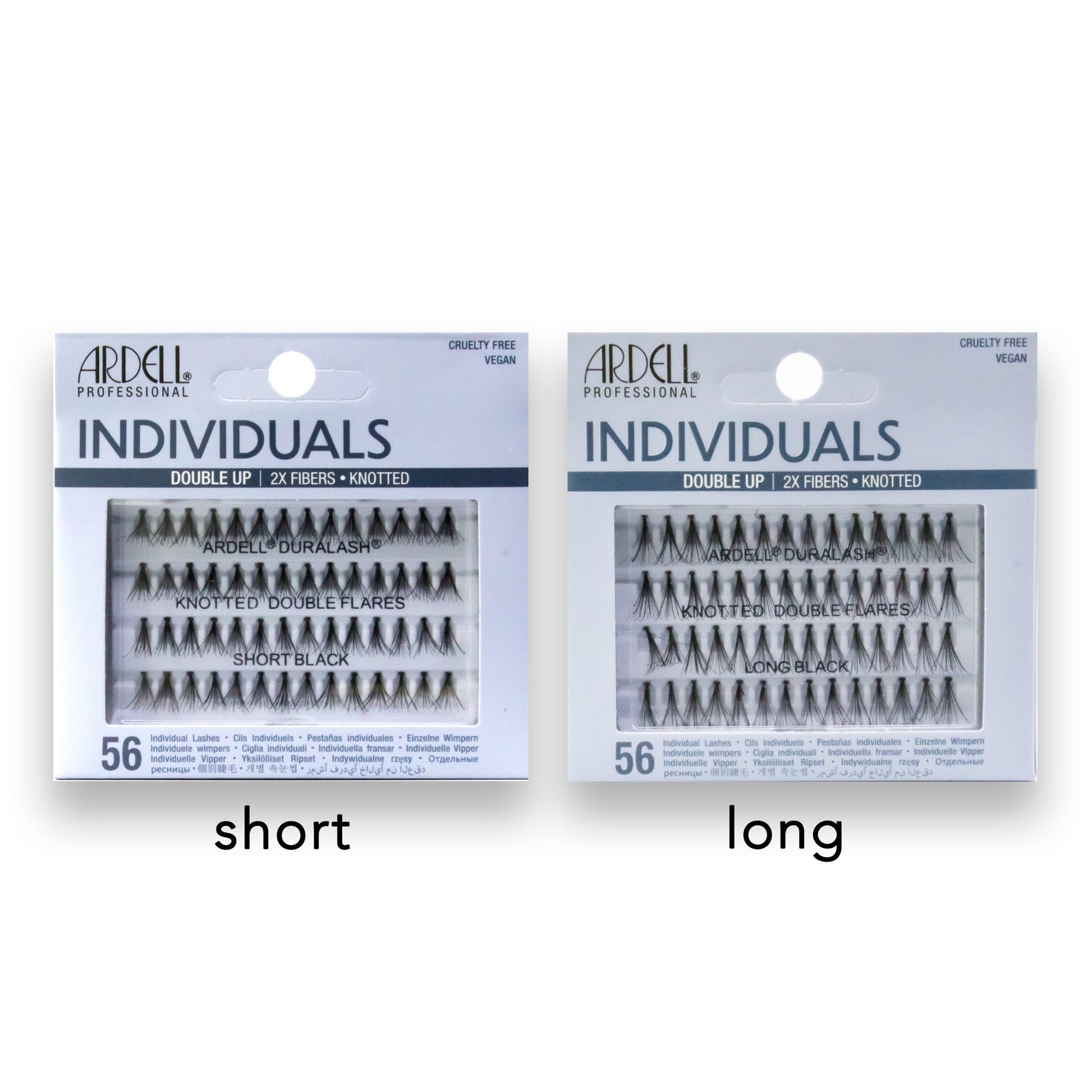 Two packages of Ardell Individual Lashes labeled 'short' and 'long' on a white background.