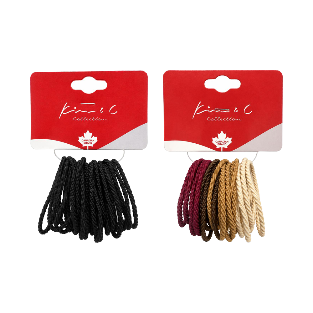 Two packages of Krew & C collection braided hair ties on a white background. The left package contains black hair ties, and the right package contains burgundy, brown, and beige hair ties.