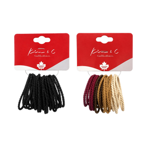 Two packages of Krew & C collection braided hair ties on a white background. The left package contains black hair ties, and the right package contains burgundy, brown, and beige hair ties.