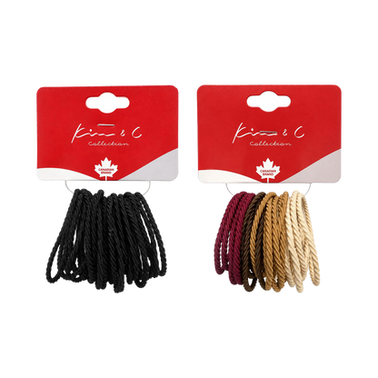 Two packages of Krew & C collection braided hair ties on a white background. The left package contains black hair ties, and the right package contains burgundy, brown, and beige hair ties.