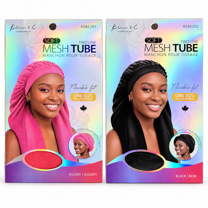 Two retail packages of Kime & C Soft Mesh Tube hair extensions shown side by side on a white background. The left package shows a model wearing a bright pink tube, and the right package shows a model wearing a black tube.