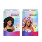 Two boxed satin bonnets on a plain white background. The left package shows a black bonnet and the right package shows a light pink/silvery bonnet.