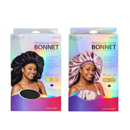 Two boxed satin bonnets on a plain white background. The left package shows a black bonnet and the right package shows a light pink/silvery bonnet.
