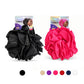 Two large ruffled fabric headwraps displayed side by side on a white background, each attached to its retail card. The left wrap is black and the right wrap is bright pink.