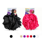 Two large ruffled fabric headwraps displayed side by side on a white background, each attached to its retail card. The left wrap is black and the right wrap is bright pink.