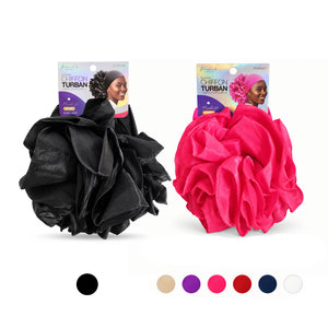 Two large ruffled fabric headwraps displayed side by side on a white background, each attached to its retail card. The left wrap is black and the right wrap is bright pink.