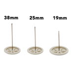 Three small off-white plastic wheel-like holders with metal pins shown side by side on a white background, labeled 38mm, 25mm, and 19mm above each item.