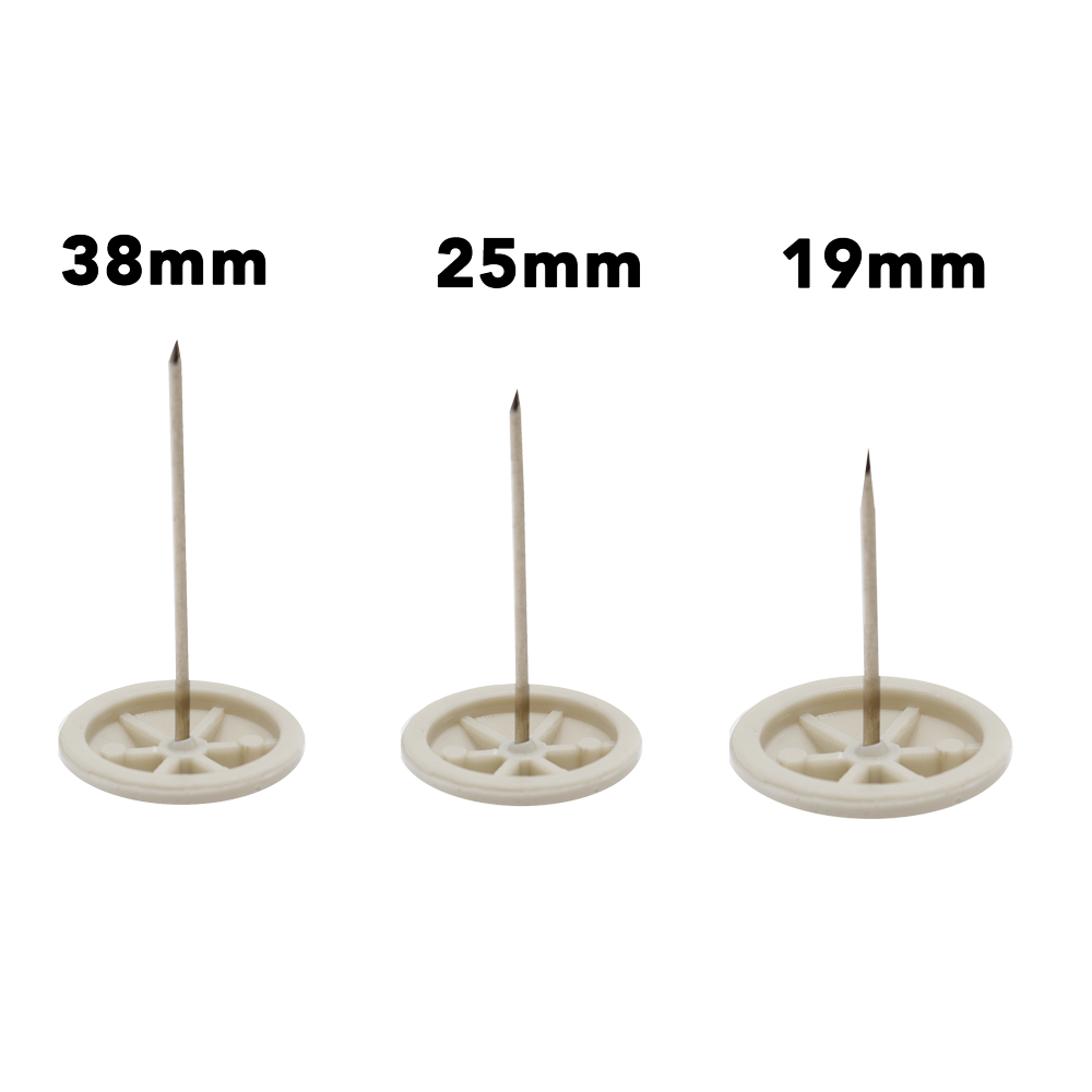 Three small off-white plastic wheel-like holders with metal pins shown side by side on a white background, labeled 38mm, 25mm, and 19mm above each item.