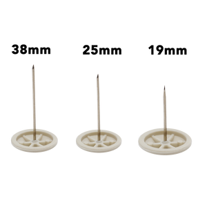 Three small off-white plastic wheel-like holders with metal pins shown side by side on a white background, labeled 38mm, 25mm, and 19mm above each item.