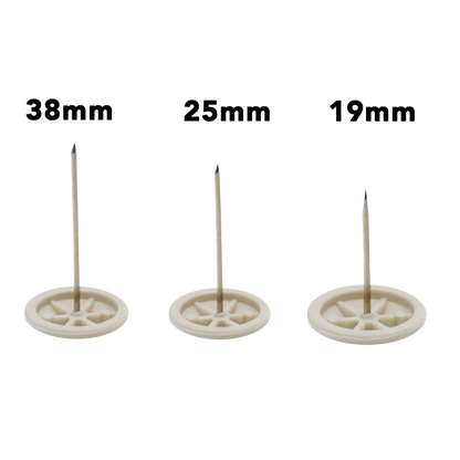 Three small off-white plastic wheel-like holders with metal pins shown side by side on a white background, labeled 38mm, 25mm, and 19mm above each item.