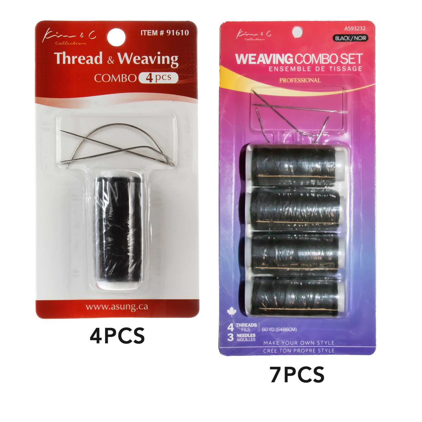 Two packages of thread and weaving sets with different quantities on a white background.
