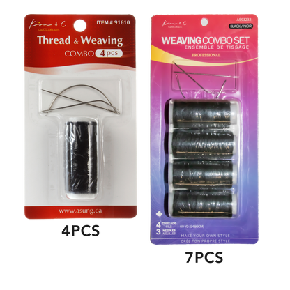 Two packages of thread and weaving sets with different quantities on a white background.