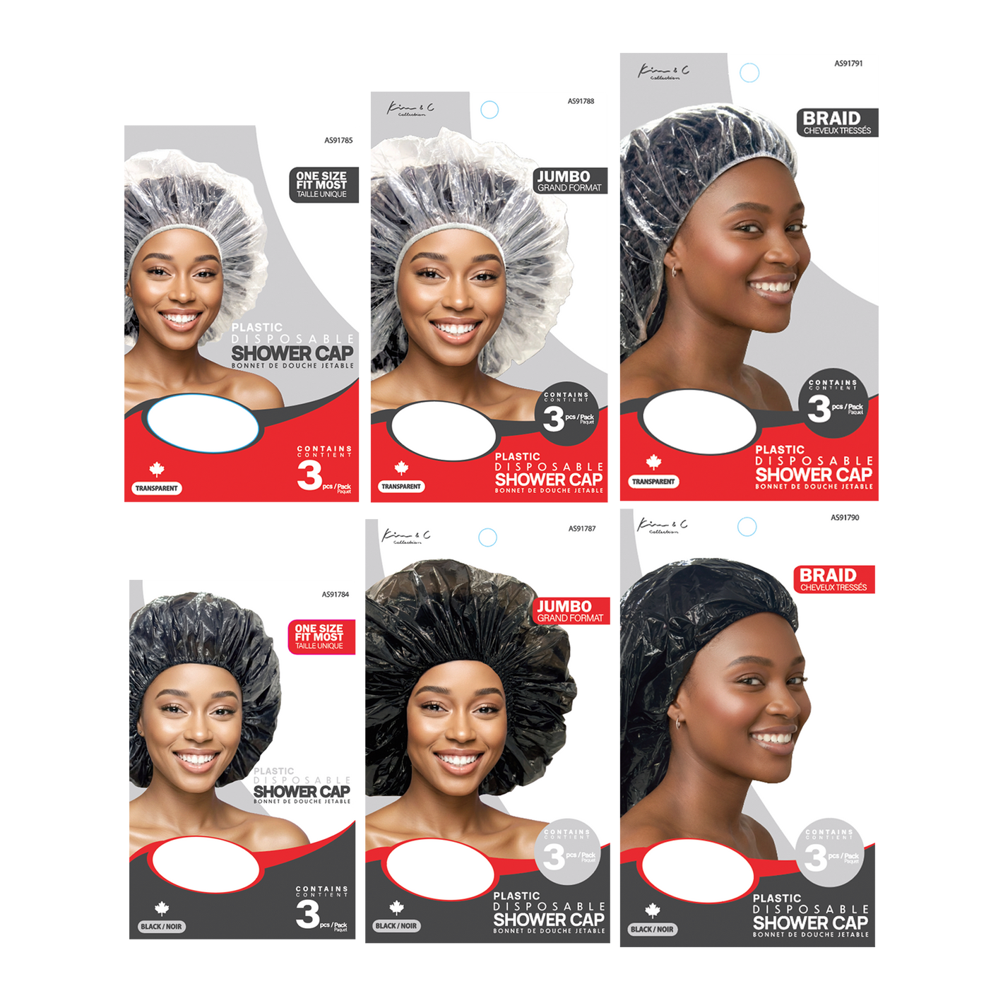 Packaging of shower caps with models wearing them on a white background
