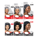 Packaging of shower caps with models wearing them on a white background