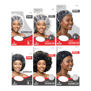 Packaging of shower caps with models wearing them on a white background