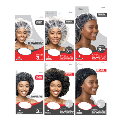 Packaging of shower caps with models wearing them on a white background