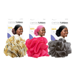 Three chiffon turbans in white, pink, and gray with models wearing them on a white background.