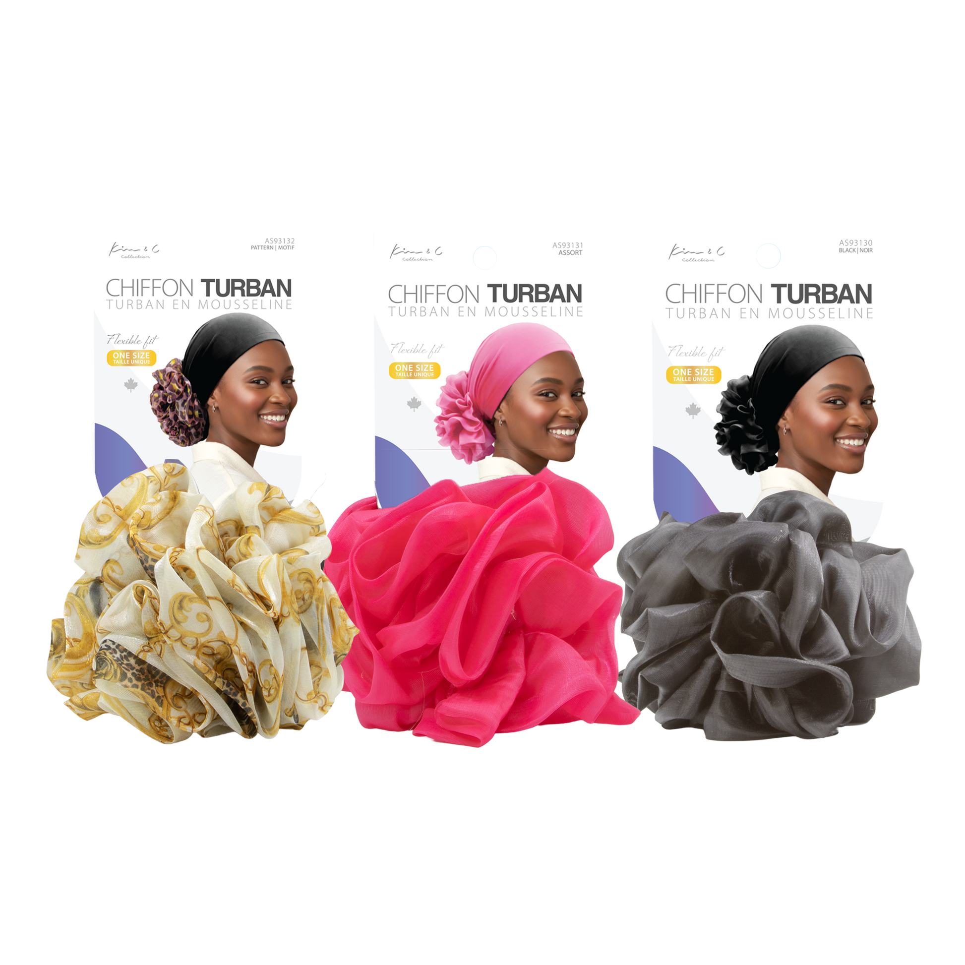 Three chiffon turbans in white, pink, and gray with models wearing them on a white background.