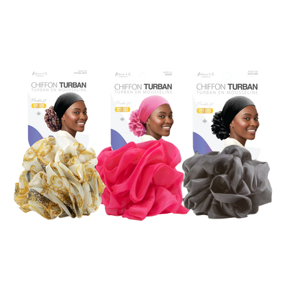 Three chiffon turbans in white, pink, and gray with models wearing them on a white background.