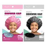 Two packages of kids' shower caps, one pink and one gray, with images of children wearing the caps on a white background.