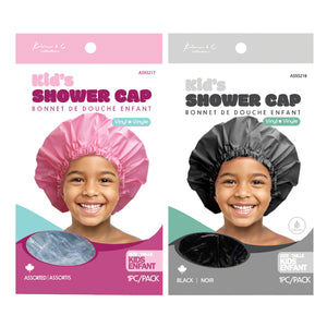 Two packages of kids' shower caps, one pink and one gray, with images of children wearing the caps on a white background.
